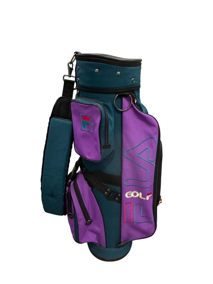 Bolsa de golf vintage Fila años 90, bolsillos con cremallera y cubierta para lluvia púrpura verde azulado, color rosa Foto 4 de 4