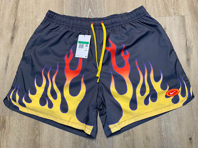 NIKE Mens XL NSW Flow Americana Flame Woven Mesh Lined Shorts Black Yellow Red