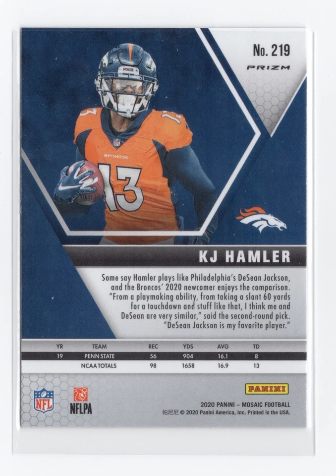 2020 Panini Mosaic Football KJ Hamler SILVER PRIZM RC SP #219 | Denver Broncos - Image 2 of 2
