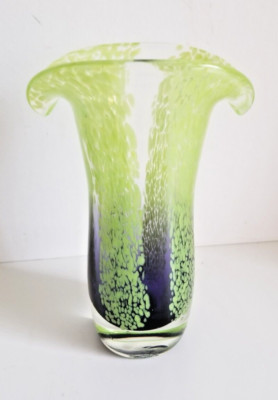 Vilolet Blue Lime Green Teleflora Hand Blown 8'' tall  Speckled Art Glass Vase