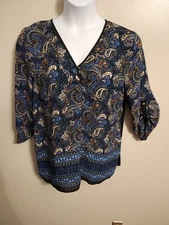 DR2 Blue Paisley Floral Blue Solid Black In Back Top Hippie Boho XL