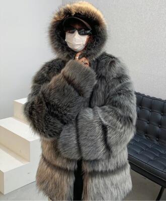 Men's Fashion Winter Hood long Sleeve Loose Warm Faux Fox Fur