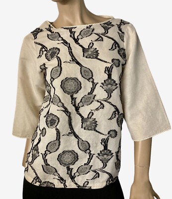 Herno Bluse Leinen 40 Blumen weiß schwarz Damen Shirt Top Shirt Woman Italy