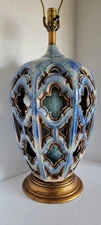 Vtg Mid Century XL Reticulated Blue Glaze Ceramic  Wood Base Table Lamp
