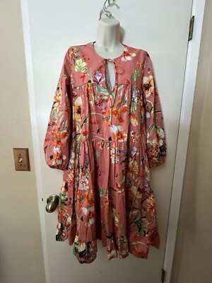 Zara Tiered Midi Dress SZ XS Peach Floral 3/4 Puff sleeve Notch Tie