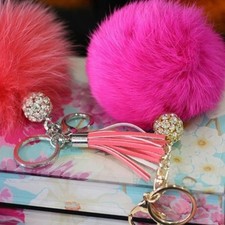 Fur Pom Pom Key Chain, Purse Charm Pom Pom Key Chain, Key Fob, Fuchsia Pink
