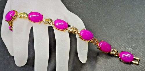 Gold Plate Pink Lavender JADE Cabochon Bangle Bracelet Diamond Imitation 322778 - Picture 6 of 8