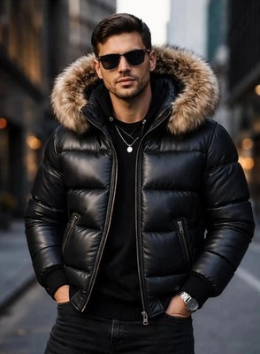 Men s Genuine Leather Puffer Jacket Black Fur Hood Winter Bomber Coat