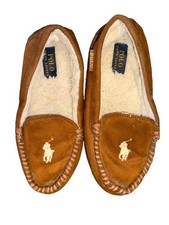 Polo Ralph Lauren Mens 9 Moccasin Slippers Brown Faux Suede Fur Lined Pony