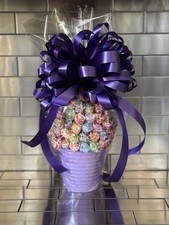 Candy Bouquet Gift Basket With Dum Dum Lollipops & Metal Planter With Purple Bow