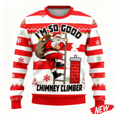 Red White Santa Ugly Jumper, Climbing Ladder, Festive Holiday Pullover, Xmas Fun