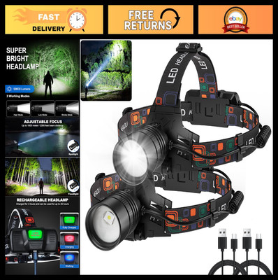 Super Bright Rechargeable Headlamp 2-Pack, 99000 Lumens, 3 Modes, Adjustable, Wa