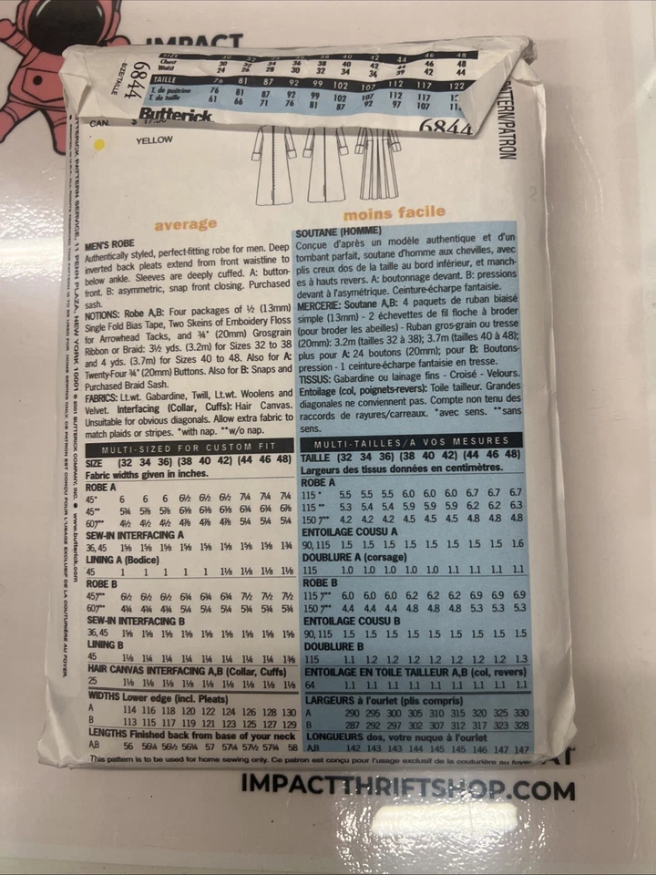 OOP Mens Priest Clergy Cassock Robe Butterick Sewing Pattern 6844 Choose Size - Image 2 of 2