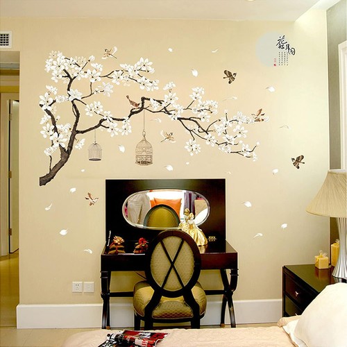 Large Chinese Style White Flowers Wall Stickers with Black Tree Flying