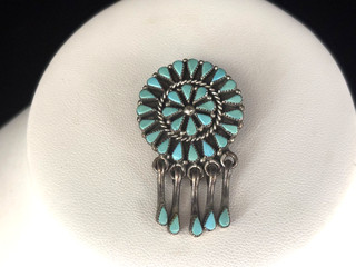 Vintage Native American Zuni Sterling Silver Petit Point Turquoise Pin/Pendant