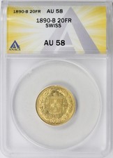 1890-B Switzerland 20 Francs Gold Helvetia ANACS AU58 Swiss Gold Coin
