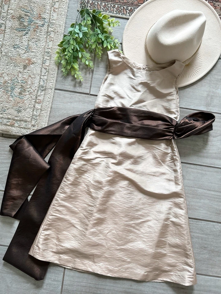 Vestido Bill Levkoff Niña Flor Niñas Talla 8 Champange + Tonos Marrón Chifón Lazo Foto 2 de 4