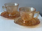 2 Iris & Herringbone Coffee Cups w/Saucers Marigold Iridescent Glass by Jeanette