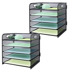 Paper Letter Tray with Handle 2 Pack 5 Tier Metal Mesh Desk File Organizer, A4
