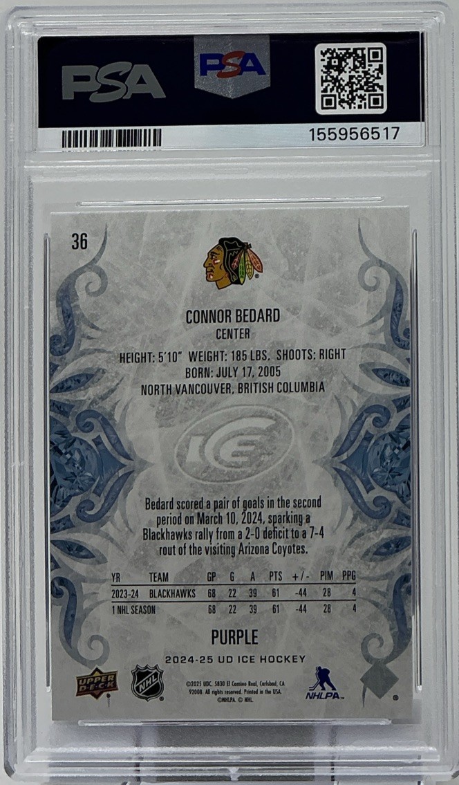 Connor Bedard PSA 10- 2024 Upper Deck ICE ‘Purple’ -Blackhawks Phenom view 6