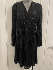 New Look Size 16 Lined Stretch Material Black V Neck Sequin Sparkle Dress
