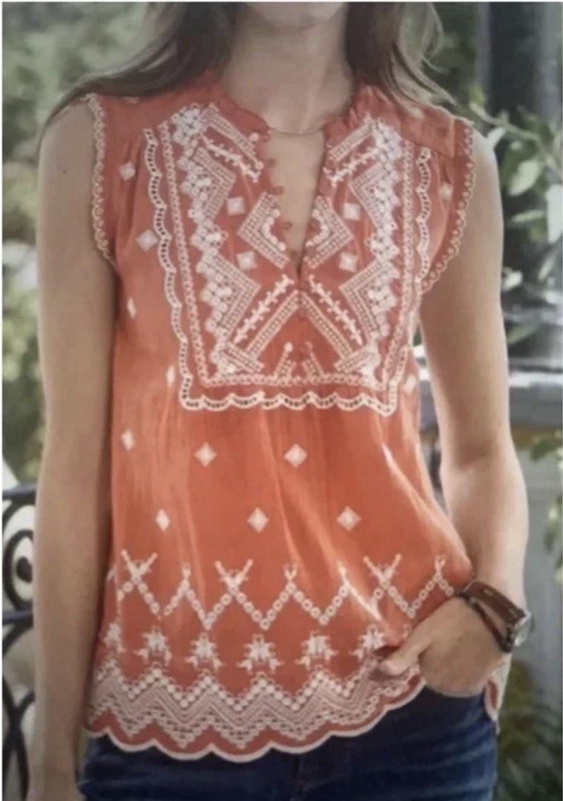 Sundance Annette Coral/White Embroidered Sleeveless Top 2XL 100% Cotton