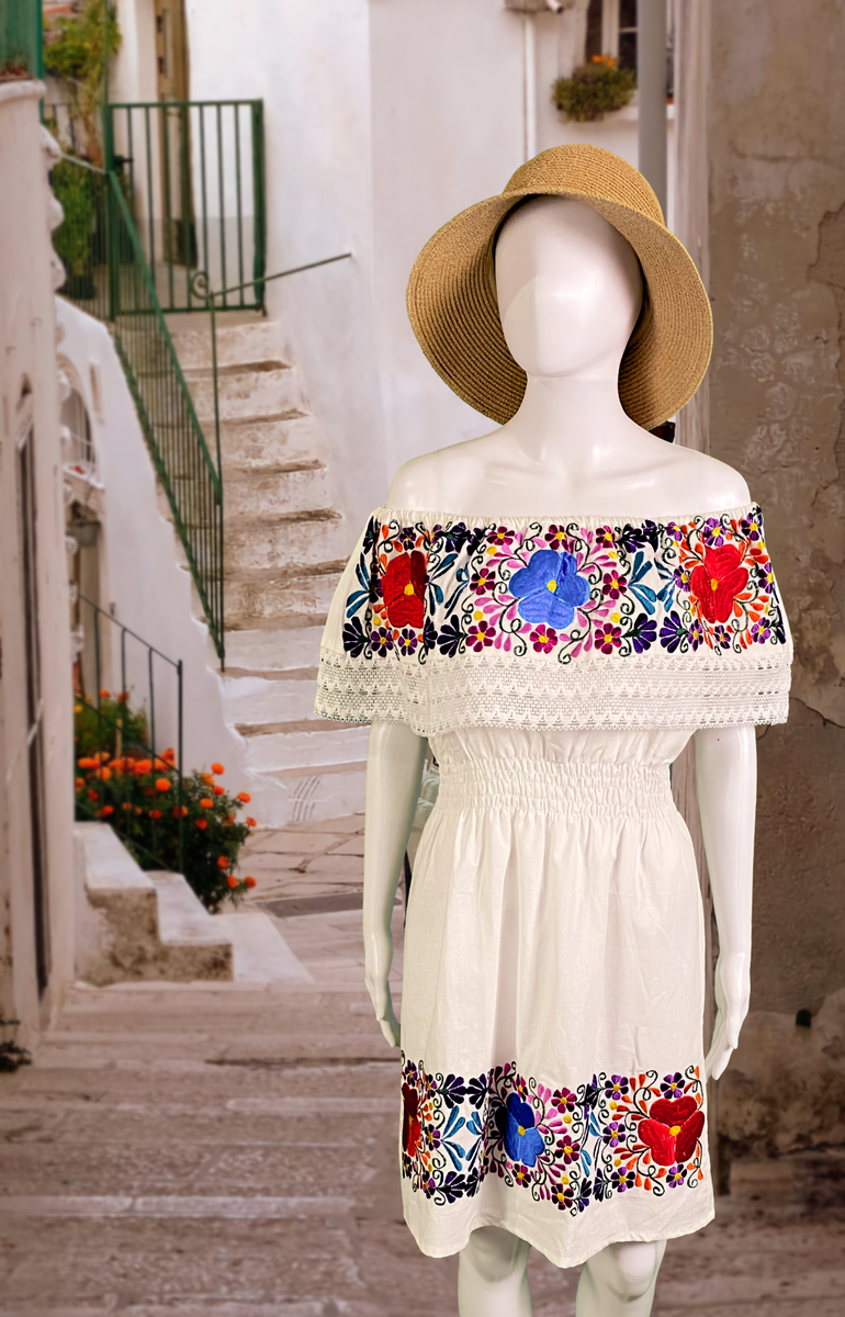 Artisan Mexican Style Dress with Embroidered flowers - Size L (White) | eBay Artisan Mexican Style Dress with Embroidered flowers - Size L (White) | eBay