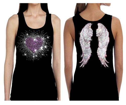 ALL RHINESTONE PINK HEART BURST VALENTINE JULY 4TH LOVE BLING TANK TEE SHIRT - 第 1/3 張圖片
