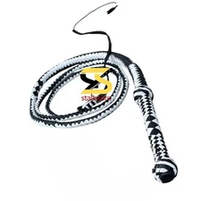 8 Feet Leather Stock Bullwhip 12 Plait Black & White Heavy Whip - Loud Crack Pro
