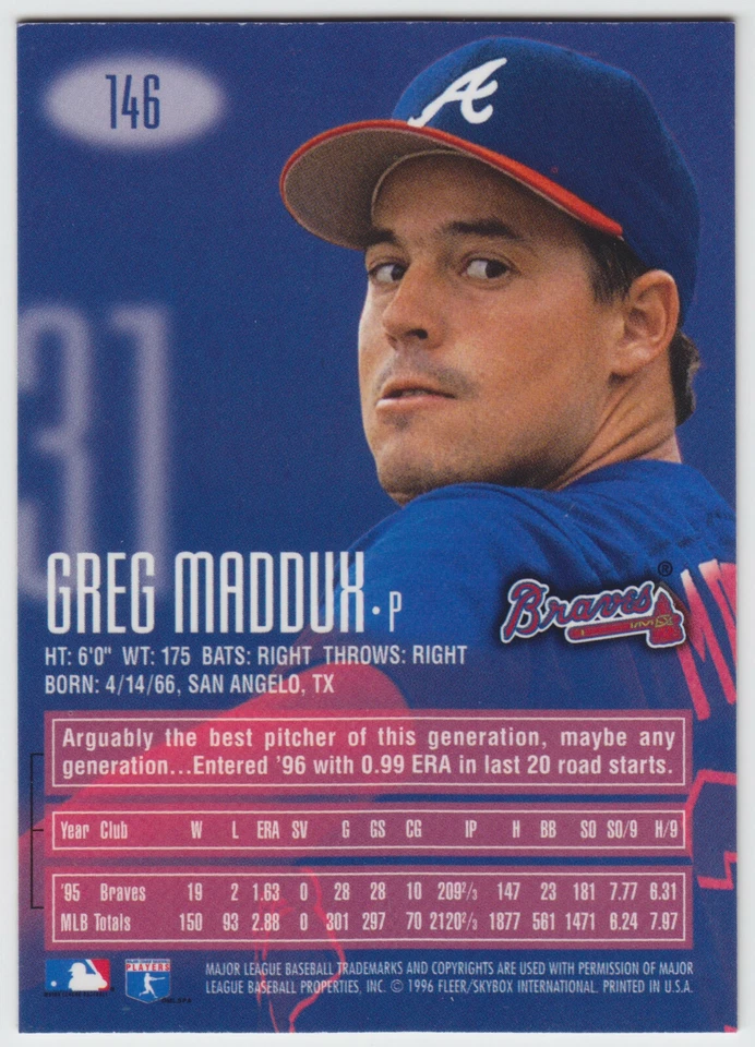 1996 Emotion  XL - Greg Maddux - #146 - Atlanta Braves - NrMt-Mt - Image 4 of 4