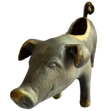 Pig Hog Planter Resin Curly Tail Green Gold Country Farmhouse Rustic Animal