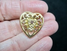 Vintage Valentine's Day Gold Tone "Harriet Carter" Heart Filigree Ruby Tack Pin