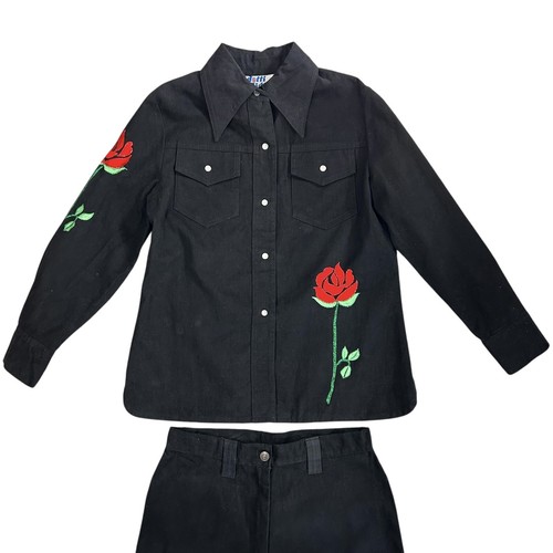 Giacca e pantaloni denim vintage anni 70 DOTTI DIDIT ricamati rosa nero perla snap glam - Foto 3 di 24