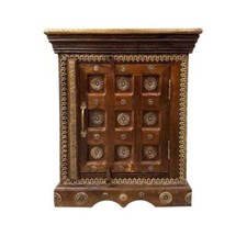 Nachttisch Schränkchen Schrank Nachtkommode mit Tür Massiv Natur Braun Gold 50cm