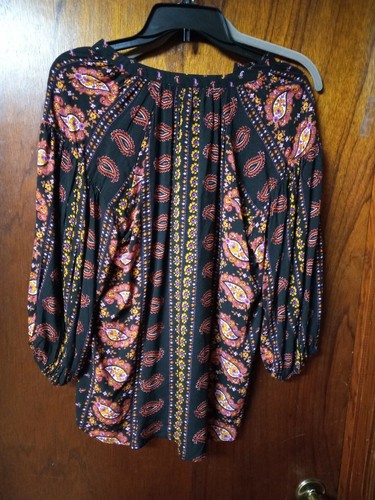 grand & greene S. Top. New w/Tags. Blk, orange, yellow. Button Up Sleeves gather - Picture 2 of 5
