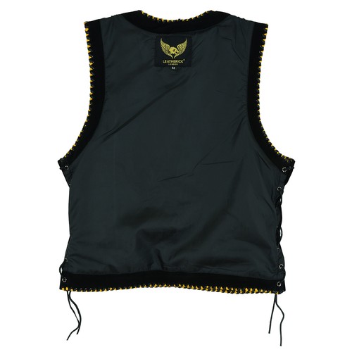 Mens Real Leather Suede Leather Vest Yellow Braided Black Motorcycle Clothing - Picture 5 of 7