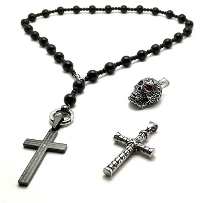 Herren Halskette Rosenkranz Onyx Y kette Edelstahl Anhänger Skull Kreuz Gebet - Bild 1 von 4
