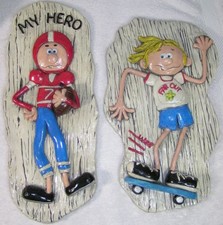 Vintage 1976 Wall Hanging Far Out Skateboarder My Hero Football Player Plaster