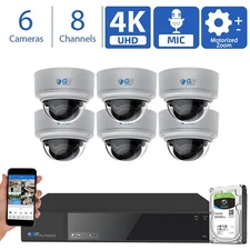 8 Channel (6) 4K 8MP 5X Motorized Zoom Mic IP POE AI Dome Security Camera System