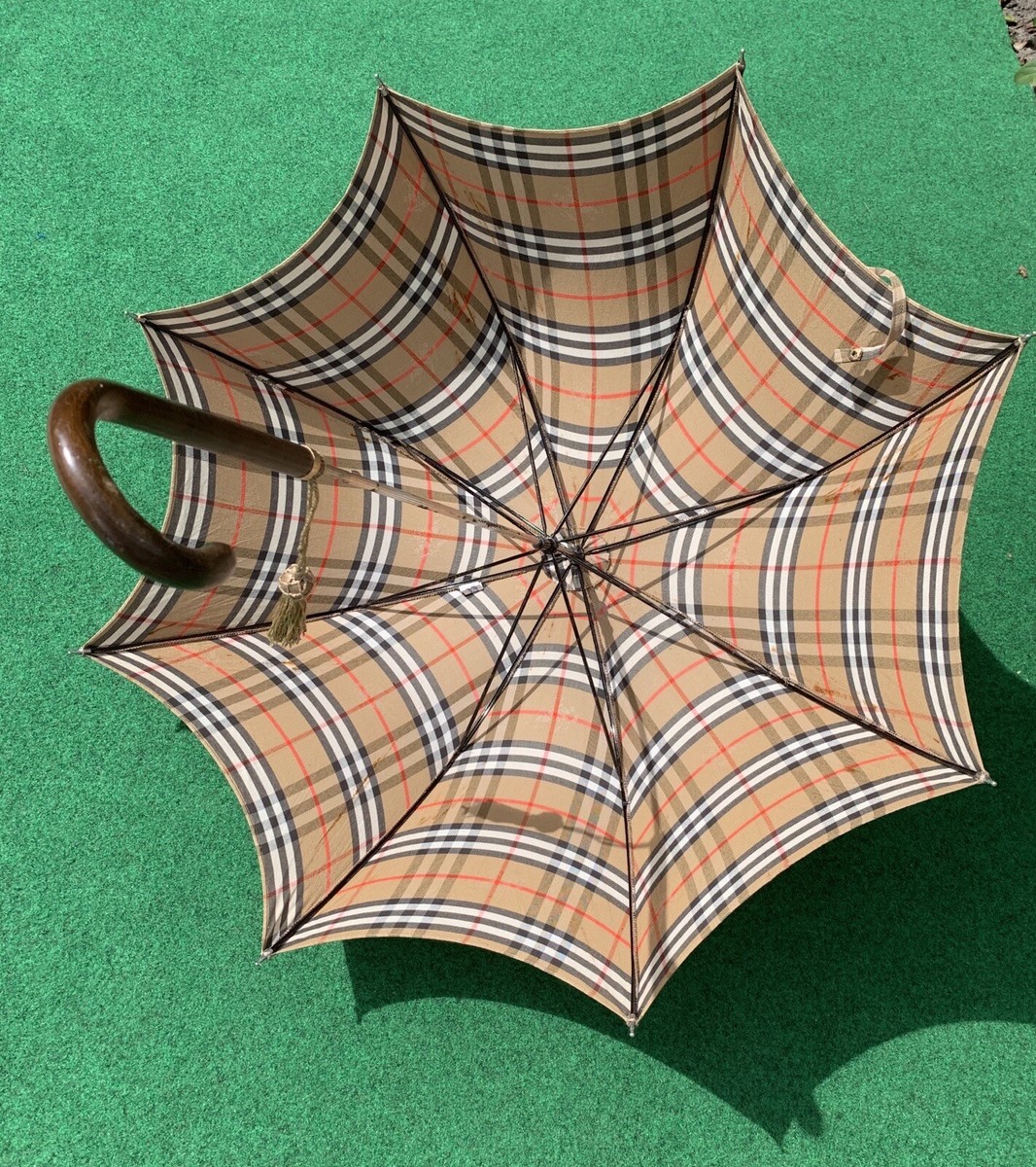 Burberrys Nova Check Wooden Handle Brass Umbrella Parasol