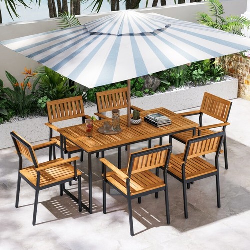 6-People Outdoor Patio Dining Table W/ Wooden Slatted Table & 2" Umbrella Hole - Picture 10 of 13
