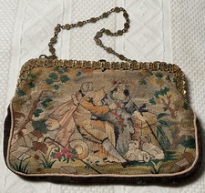 Antique TAPESTRY Purse FIGURES Scenery FANCY GILT Frame Flowers