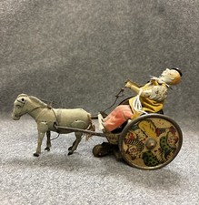 Antique 1900 s Lehmann Tin Litho Wind-up Toy Balky Mule Clown Cart, WORKS