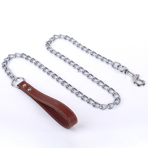 Heavy Duty Metal Chain Dog Lead With Leather Handle Long Strong Control Leash - Picture 12 of 13