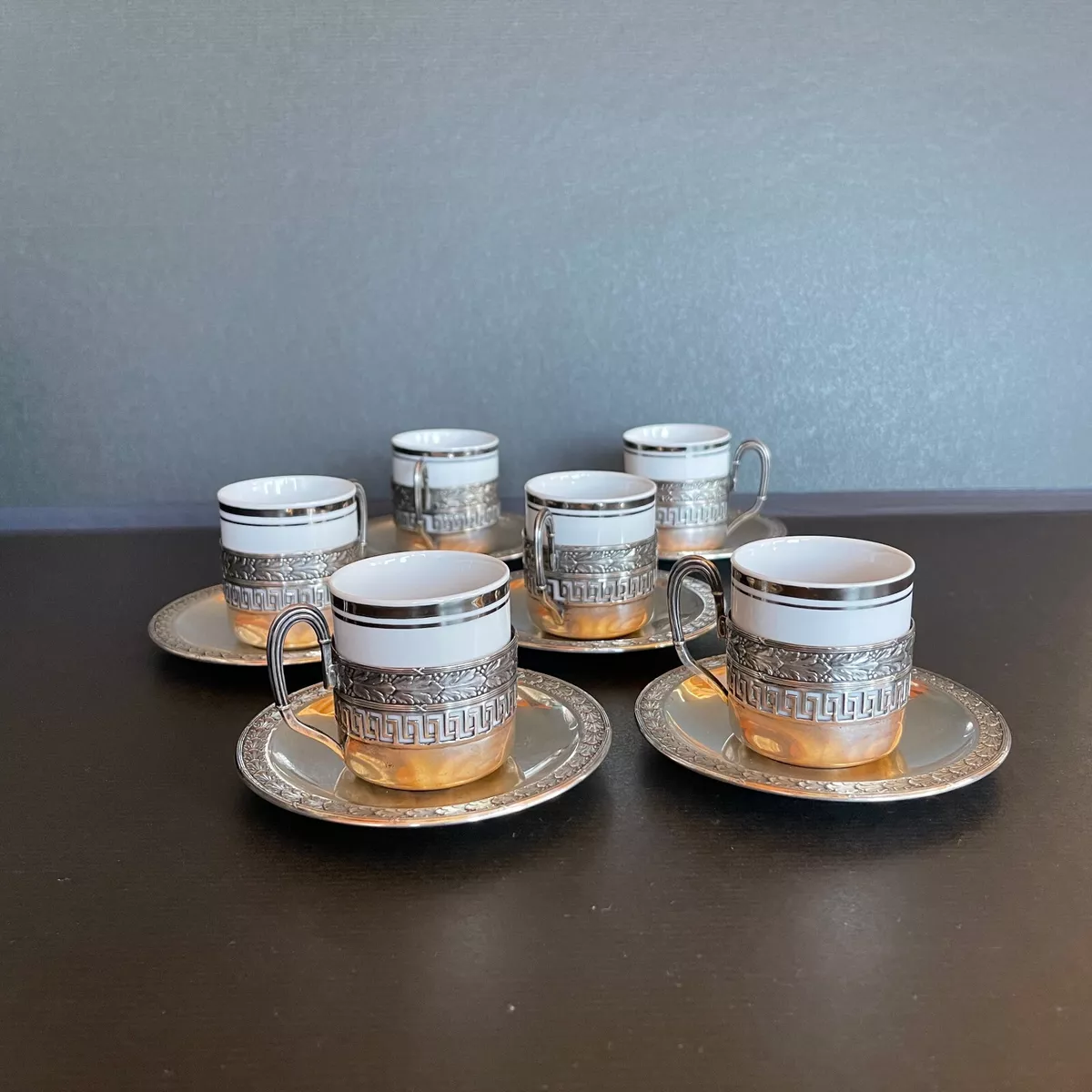 Six vintage Italian silver espresso cups and saucers