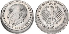 West Germany 2 Mark 1970 F Adenauer misprint approx. 10% decentered * mint condition 136509