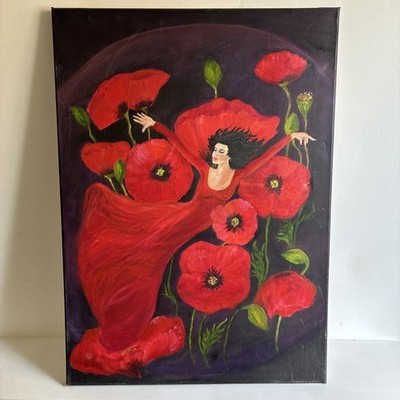 Original surrealistisches großes Gemälde Leinwand Dame der Mohnblumen Volkskunst 20'' x 28