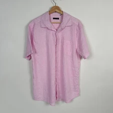 Saks Fifth Avenue Mens Pink Floral Linen Short Sleeve Button Up Shirt Sz L Flaws