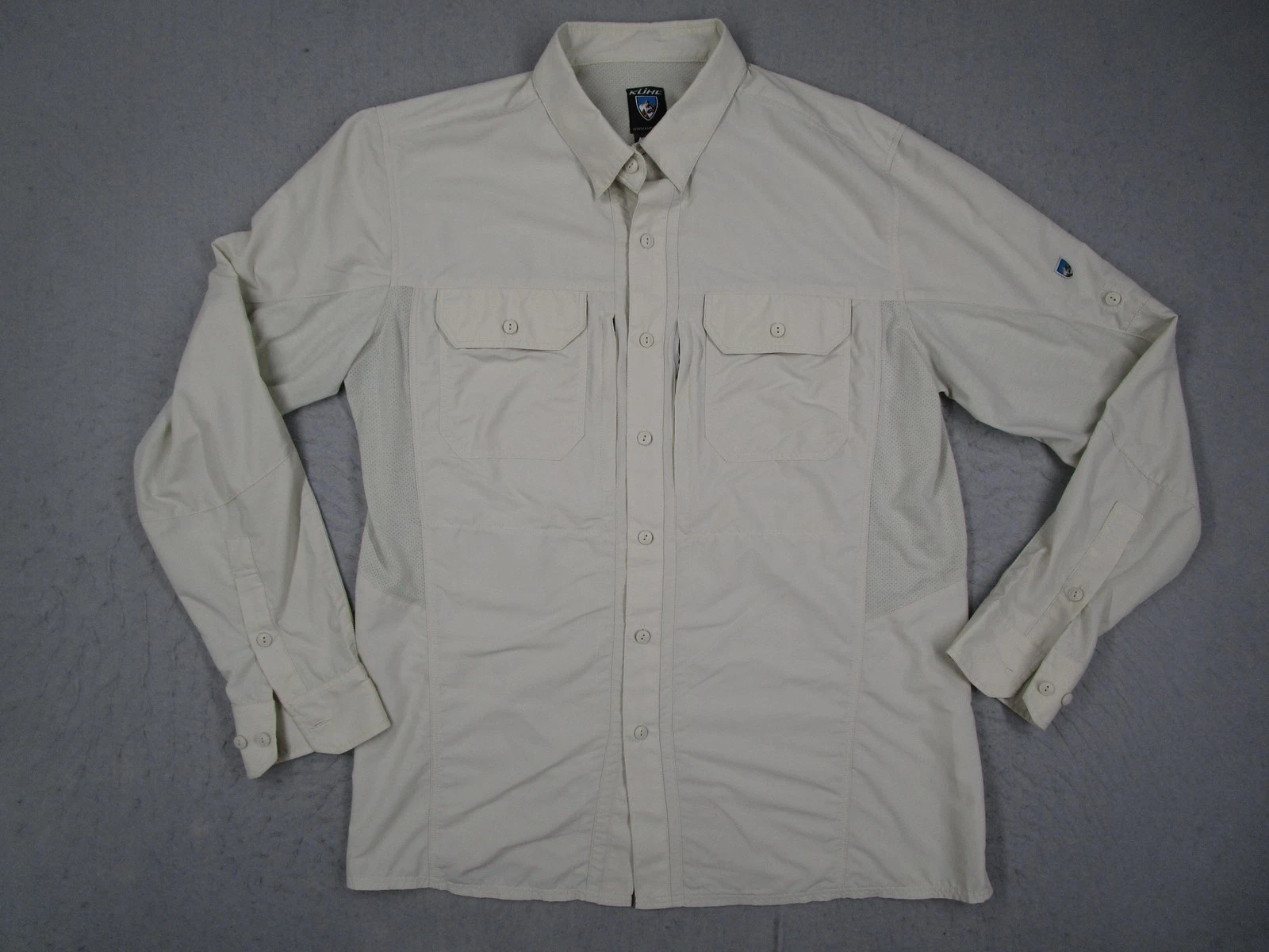Kuhl Shirt Mens Medium Beige Long Sleeve Vented Outdoor Hiking Button Up Travel