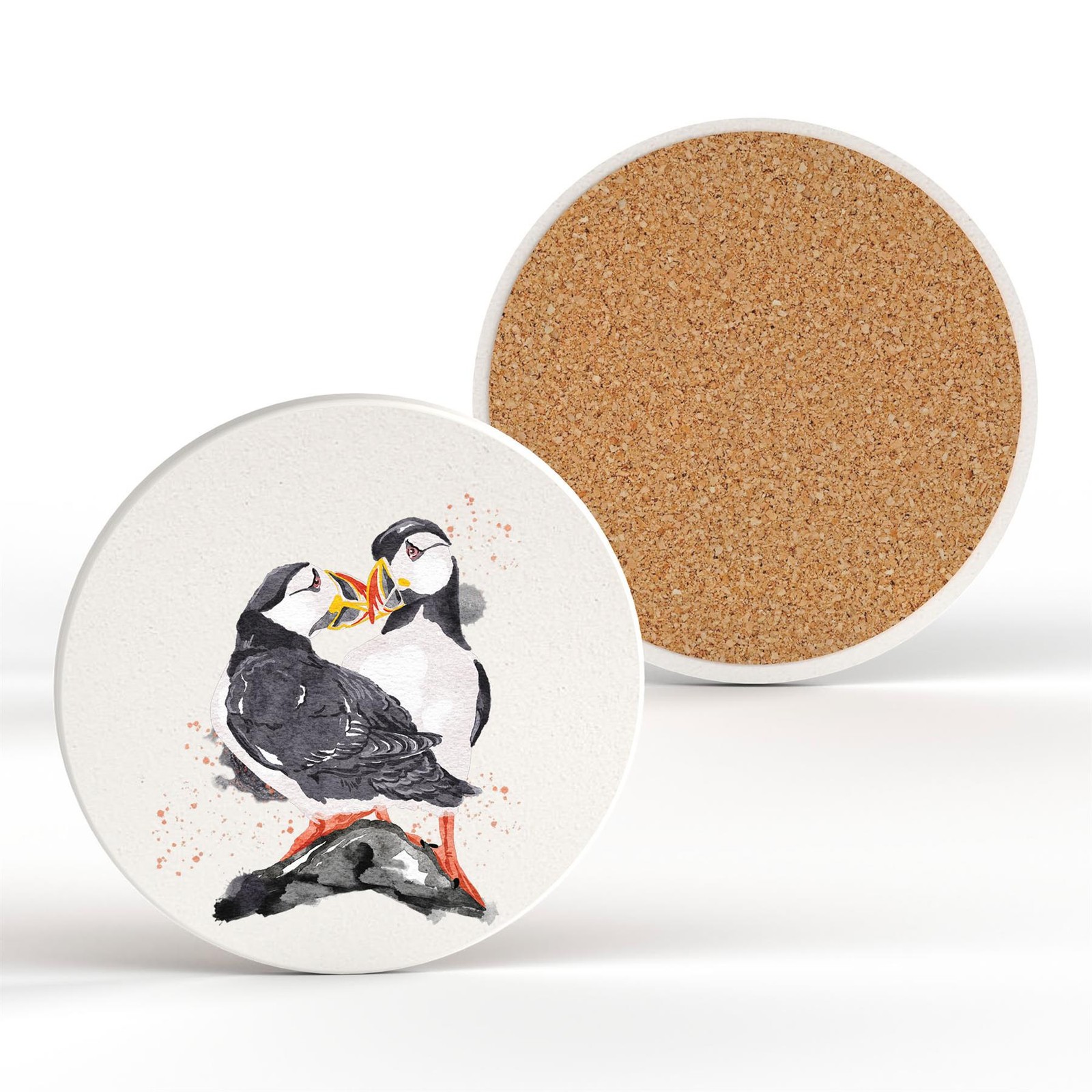 Puffins Watercolour Artwork Decorative Ceramic Round Coaster